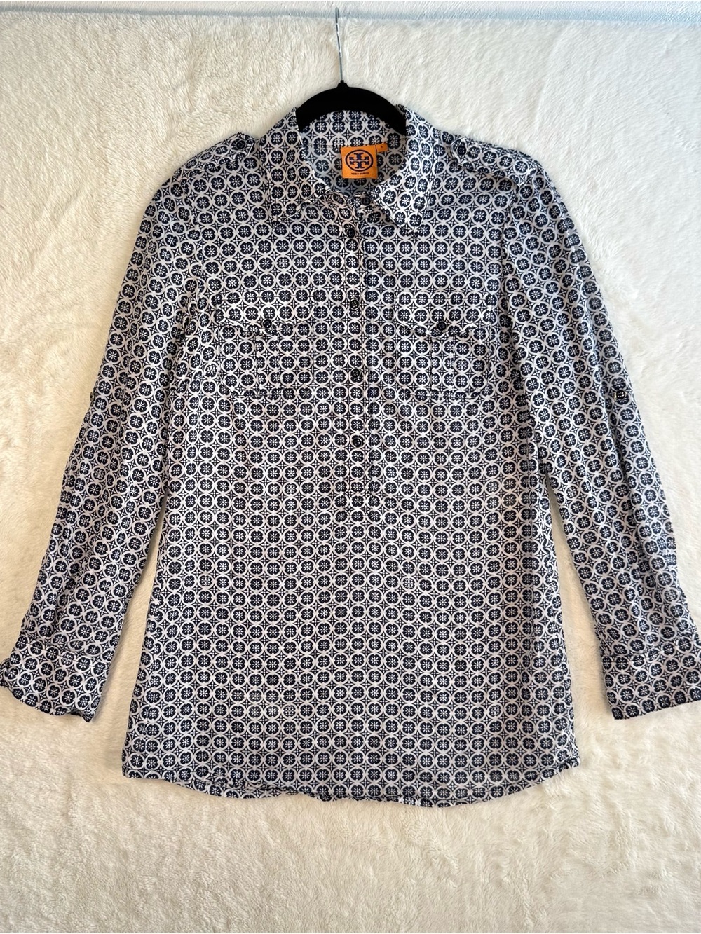 Tory Burch Button Up Shirt Women’s 6 Blue Geometric Office Preppy Academia